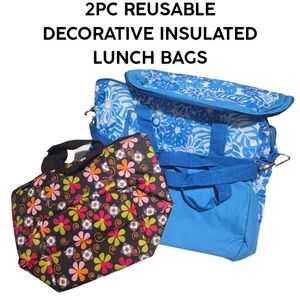 Set of 2 Reusable Insulated Lunch Bags - Blue Floral & Multicolor Flower Print